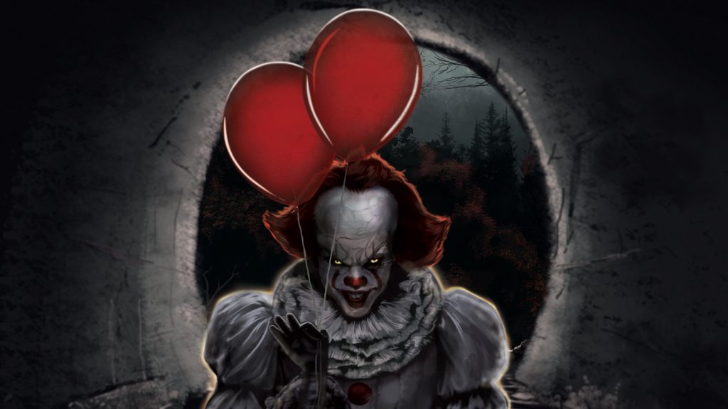 Pennywise from It 2017 holding red balloons in dark tunnel eerie horror wallpaper background