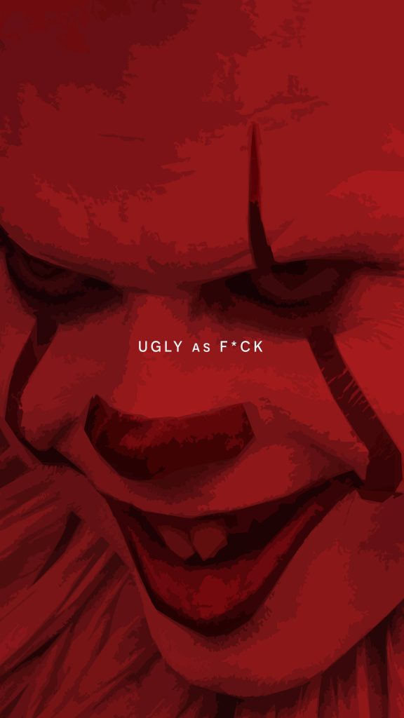 Monochromatic red Pennywise close-up wallpaper with menacing grin and horror-themed text background