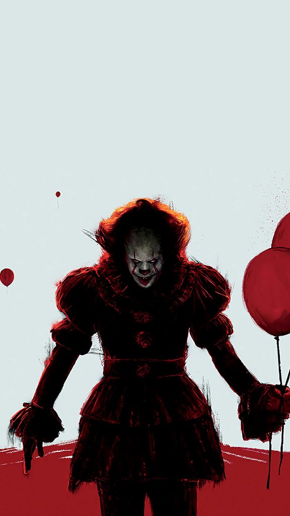 Stylized Pennywise clown with red balloons dark horror wallpaper background design