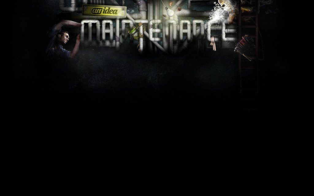 Pensive man watches large metallic maintenance sign with sparks ladder gritty industrial background Wallpaper