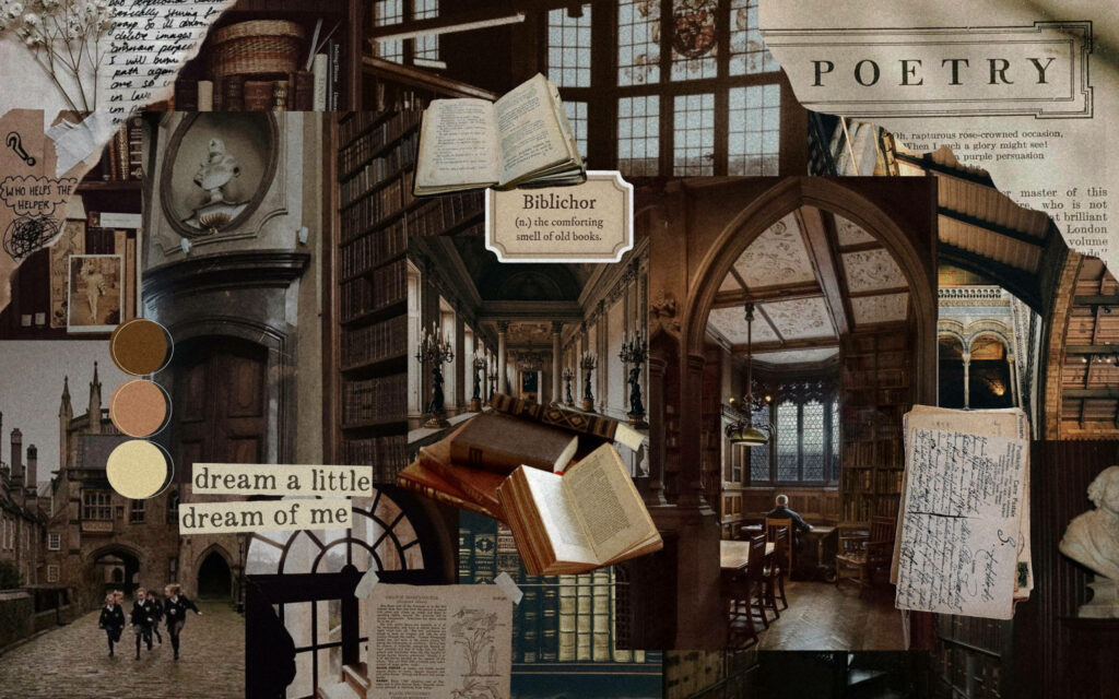 Mysterious Dark Academia Collage: Antique Books, Gothic Architecture, Moody Nostalgic Tones Wallpaper