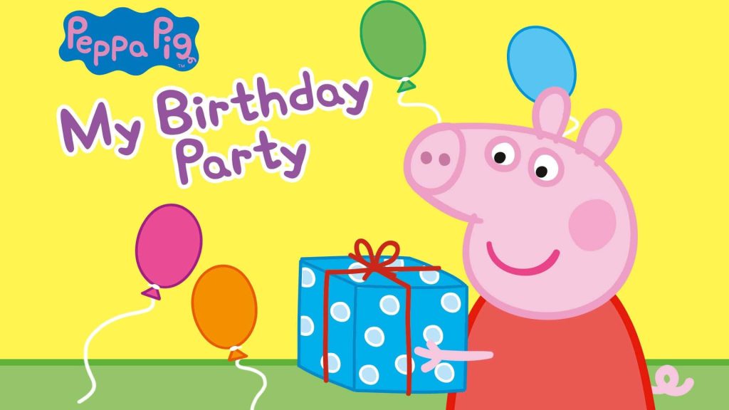 Peppa Pig birthday party wallpaper with balloons and gift box on bright yellow background