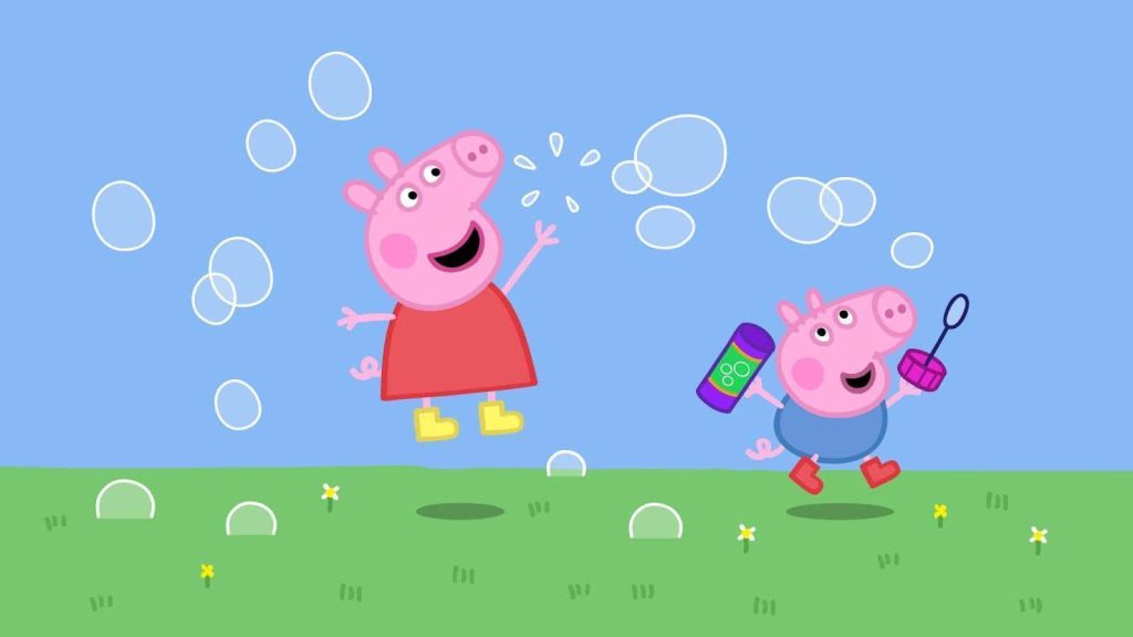 Peppa Pig and George playing in green field with bubbles under sunny blue sky cartoon wallpaper