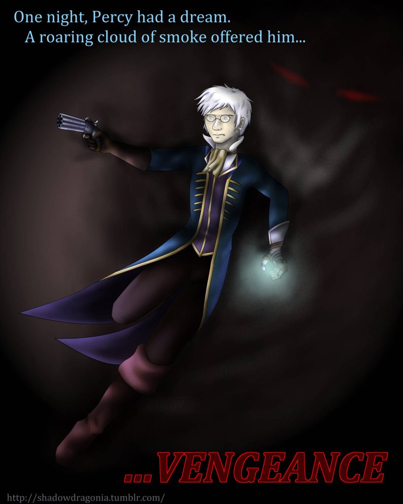 Digital illustration of Percy de Rolo in dark fantasy style with pepperbox pistol and red eyes backdrop Wallpaper
