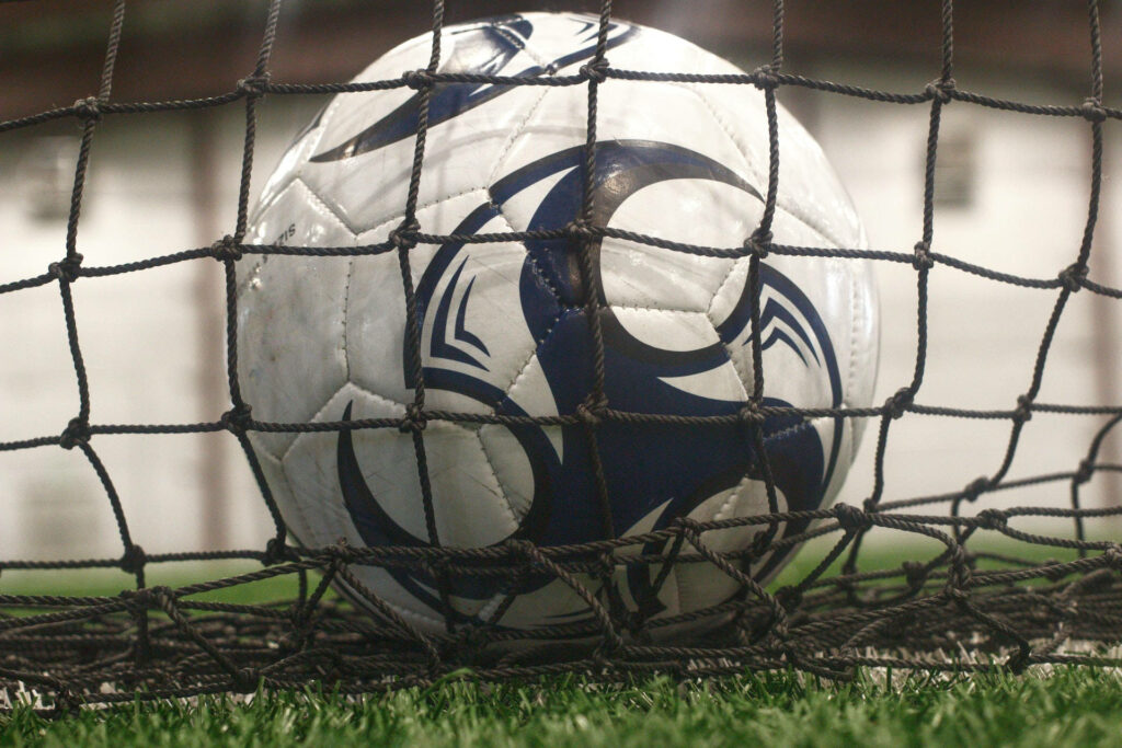 Perfect Goal Moment: Football Against Net on Green Field Wallpaper