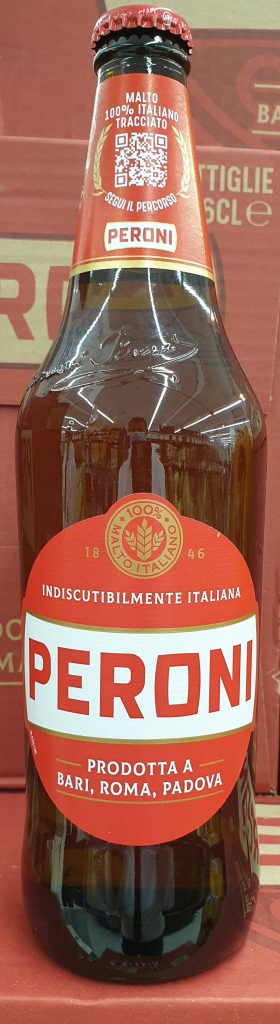 Classic Peroni beer bottle with red crates background highlighting Italian malt heritage wallpaper
