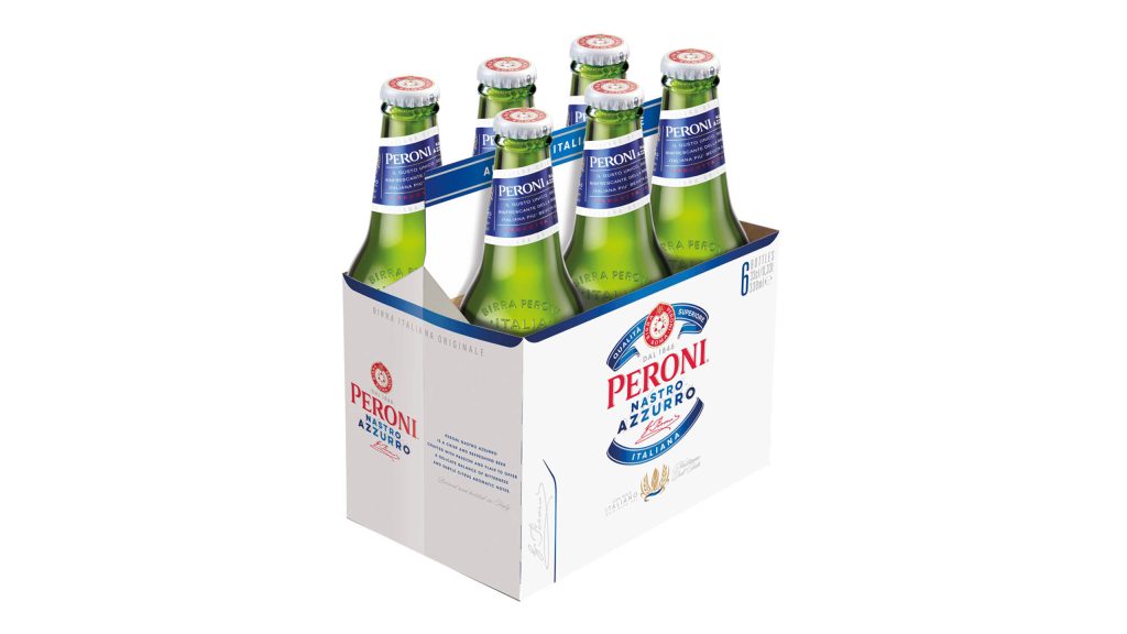 Six-pack of Peroni Nastro Azzurro craft beer bottles in branded carrier on white background wallpaper
