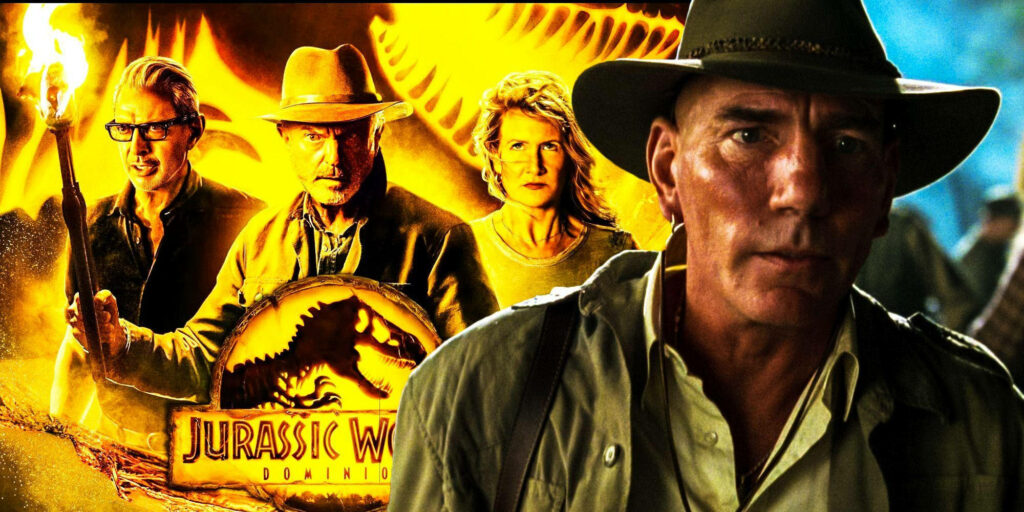 Pete Postlethwaite front Jurassic World Dominion tribute wallpaper with golden illustration and logo