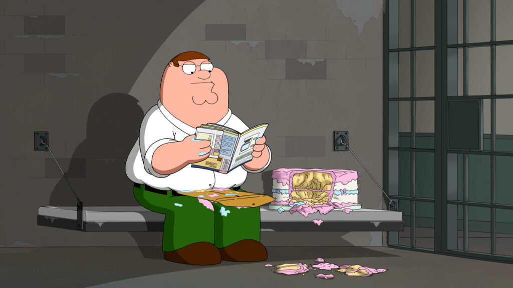 Peter Griffin from Family Guy eating cake and reading book on prison bench with metal door background Wallpaper
