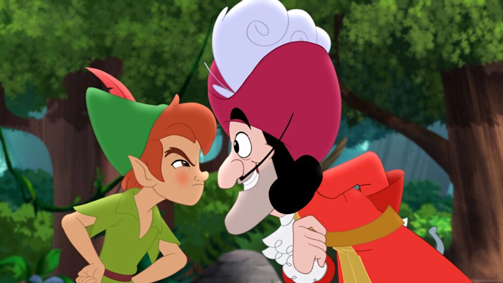 Peter Pan and Captain Hook animated forest showdown vibrant colors classic rivalry wallpaper