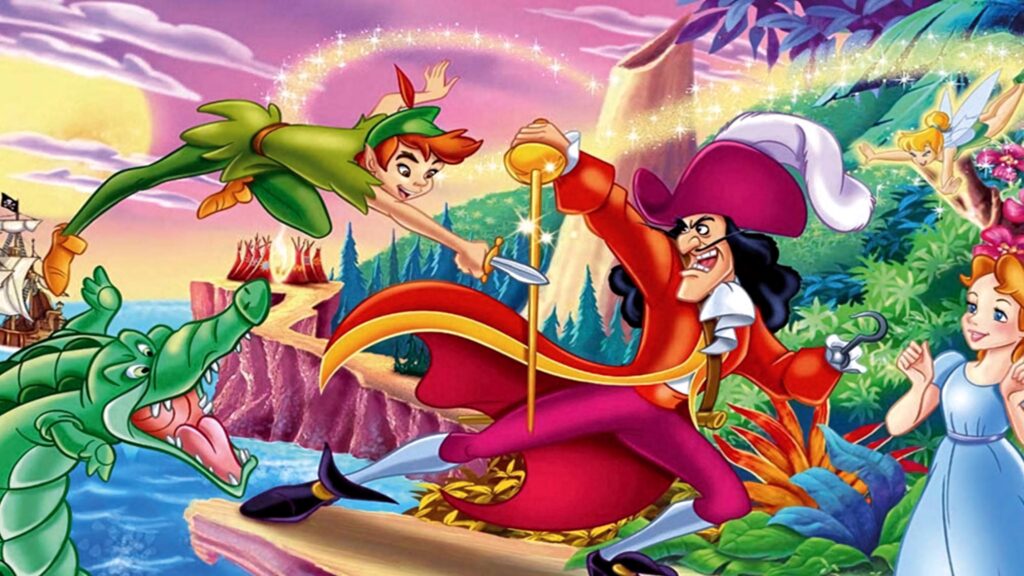 Peter Pan battles Captain Hook and Tick Tock with Tinker Bell and Wendy in colorful fantasy wallpaper