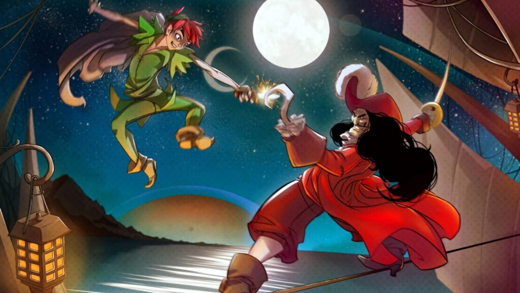 Peter Pan and Captain Hook duel on ship deck under full moon with stars and ocean waves background Wallpaper