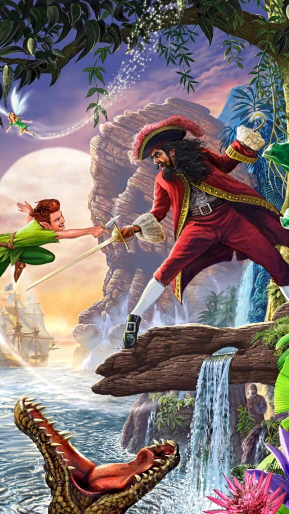 Peter Pan and Captain Hook duel in vibrant tropical fantasy with Tinker Bell and glowing moon Wallpaper