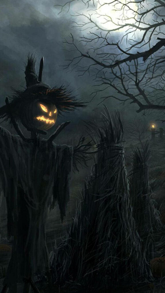 Nightmare Inducing Pumpkin Scarecrow: A Spine-Chilling iPhone Halloween Wallpaper