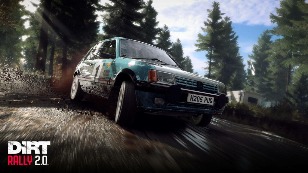 Thrilling Dirt Rally 2.0 Wallpaper: Iconic Rally Car in Muddy Forest Trail Scene