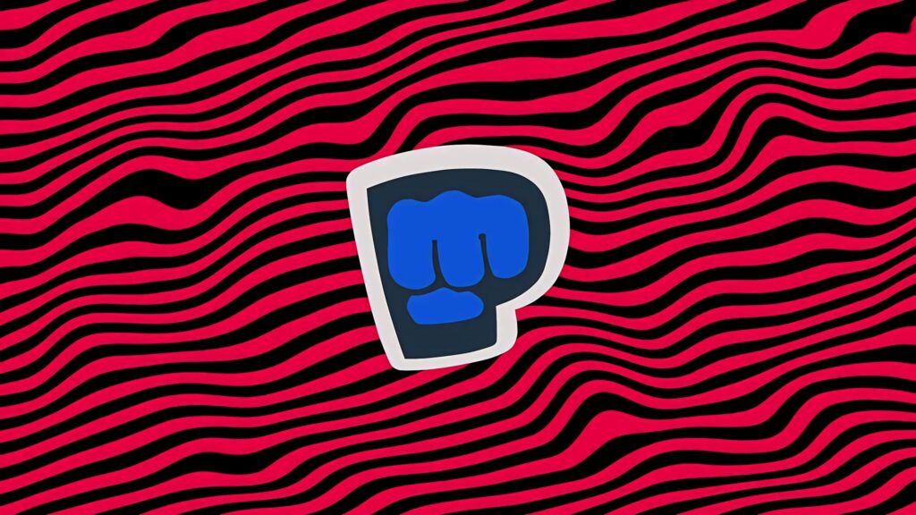 PewDiePie blue fist logo on red and black wavy pattern wallpaper background vibrant design