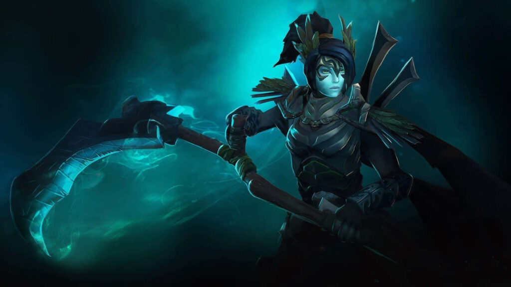 Phantom Assassin: Enigmatic Hero Amidst Mysterious Teal Ambience in Dota 2 Wallpaper