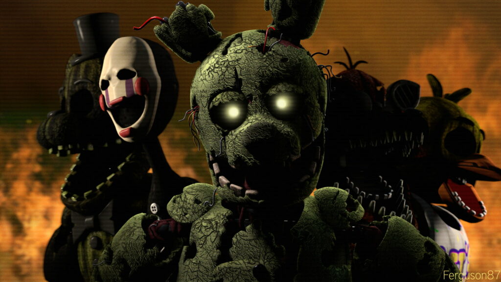 Five Nights at Freddys 3 wallpaper Springtrap with Phantom Chica Puppet and Phantom Freddy background