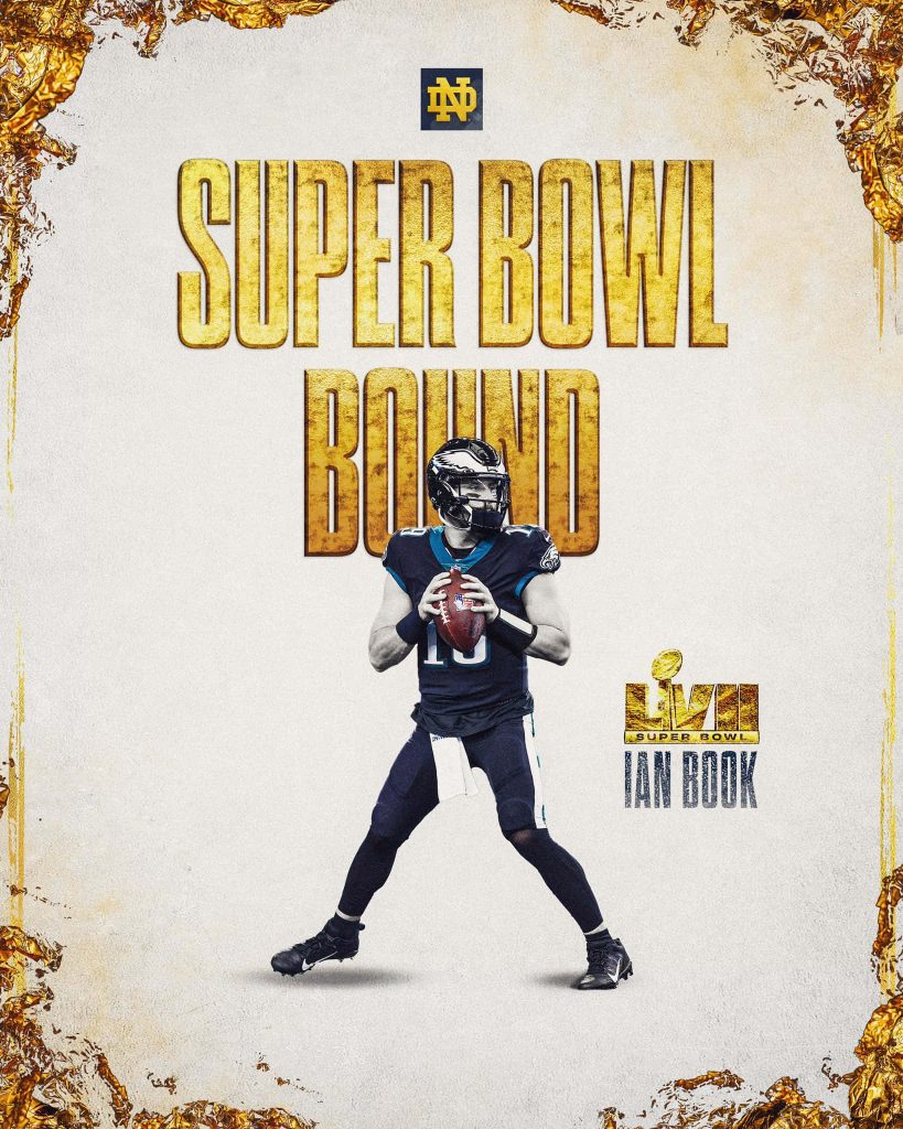 Philadelphia Eagles QB Ian Book Super Bowl LVII wallpaper gold foil Notre Dame logo digital poster