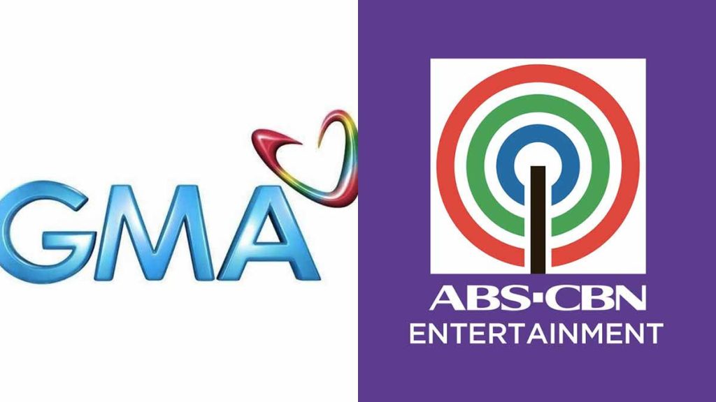 Split-screen wallpaper of GMA Network heart and ABS-CBN rings Philippine TV logos background