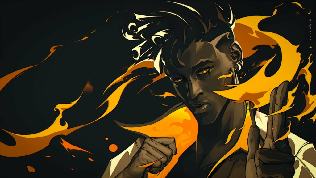 Valorant Phoenix digital art wallpaper glowing eyes spiky hair vivid orange flames dark background
