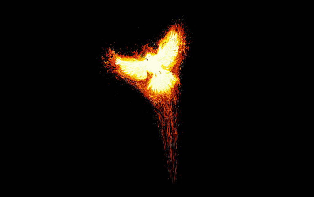 Burning Black Phoenix: Majestic Bird Embraced by Flames in QHD Wallpaper