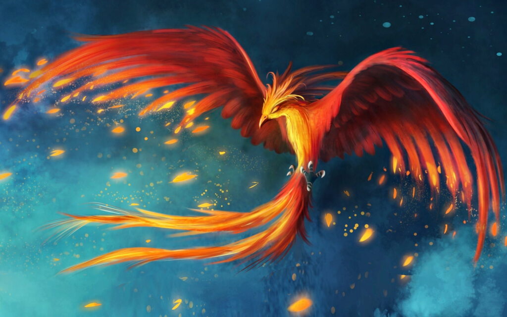 Burning Wings: Majestic Phoenix Soaring in Fiery Glows - QHD Wallpaper Background