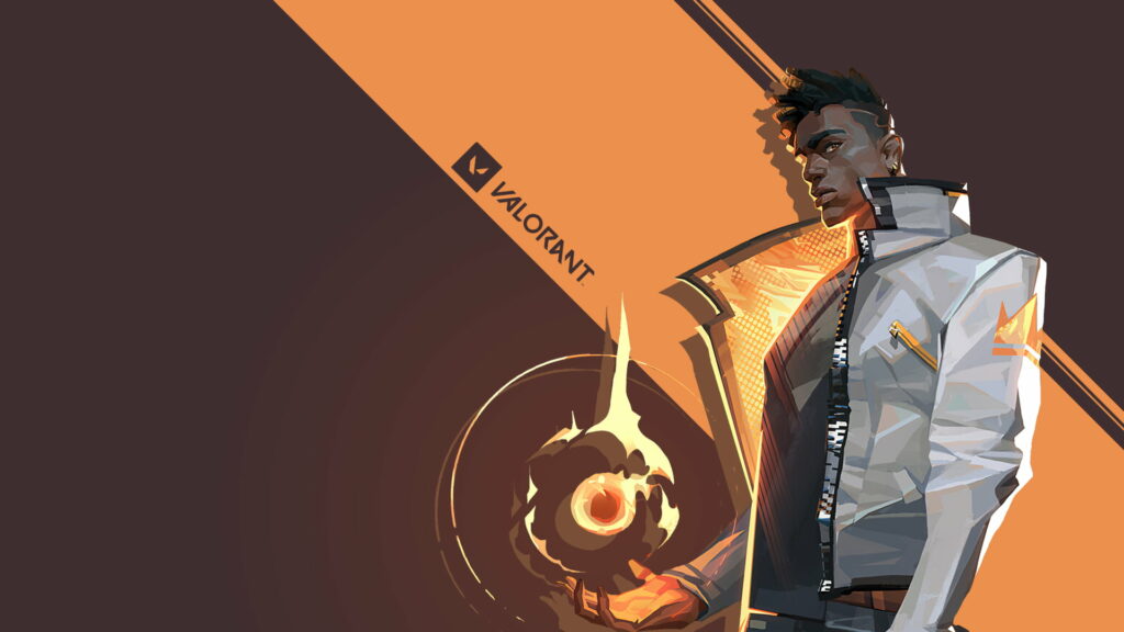 Valorant Phoenix fiery Duelist HD wallpaper with flame orb and official logo on orange background