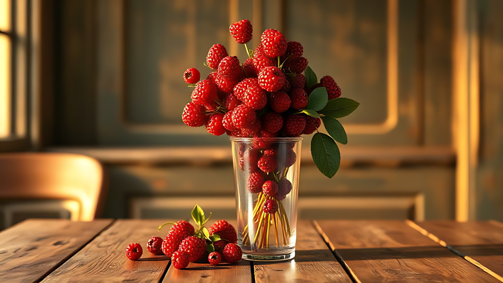 Photorealistic digital art of glass filled with ripe raspberries on rustic wooden table in warm light Wallpaper