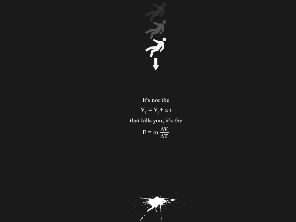 Dark minimalist wallpaper with falling stick figure and physics humor on kinematics versus dynamics