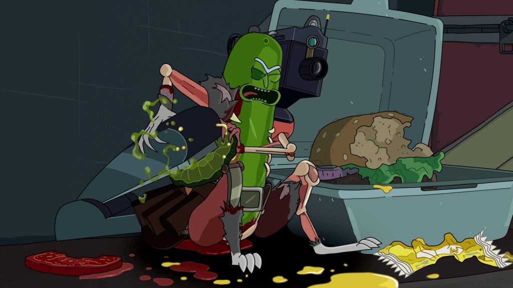 Pickle Rick in rat exoskeleton beside sandwich gritty chaotic Rick and Morty wallpaper background