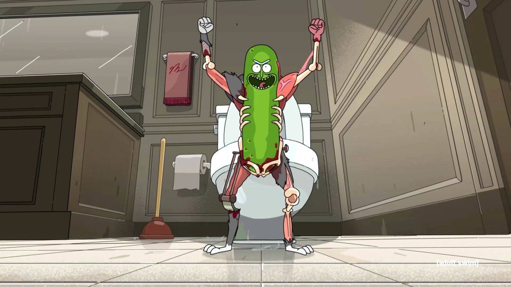 Pickle Rick sitting on toilet with rat limbs chaotic Rick and Morty wallpaper background