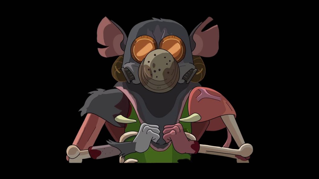 Pickle Rick wallpaper with detailed rat exoskeleton on black background for Rick and Morty fans
