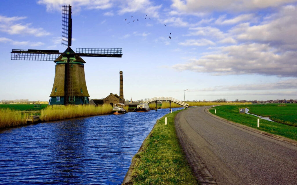 Stunning Netherlands Wallpaper: Serene Canal & Windmill Countryside