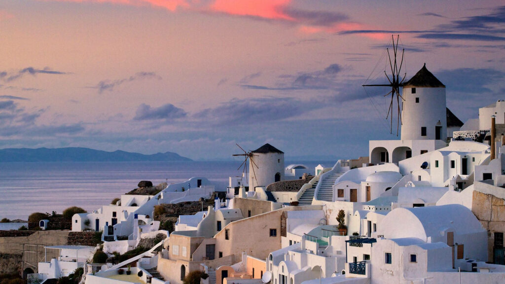Serene Greek Whitewashed Homes & Windmills: Pastel Sky Wallpaper