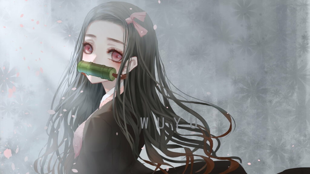 Demonic Beauty: Nezuko Kamado's Mesmerizing Long Locks and Enchanting Pink Gaze amidst a Hypnotic Grey Abstract Anime Backdrop Wallpaper