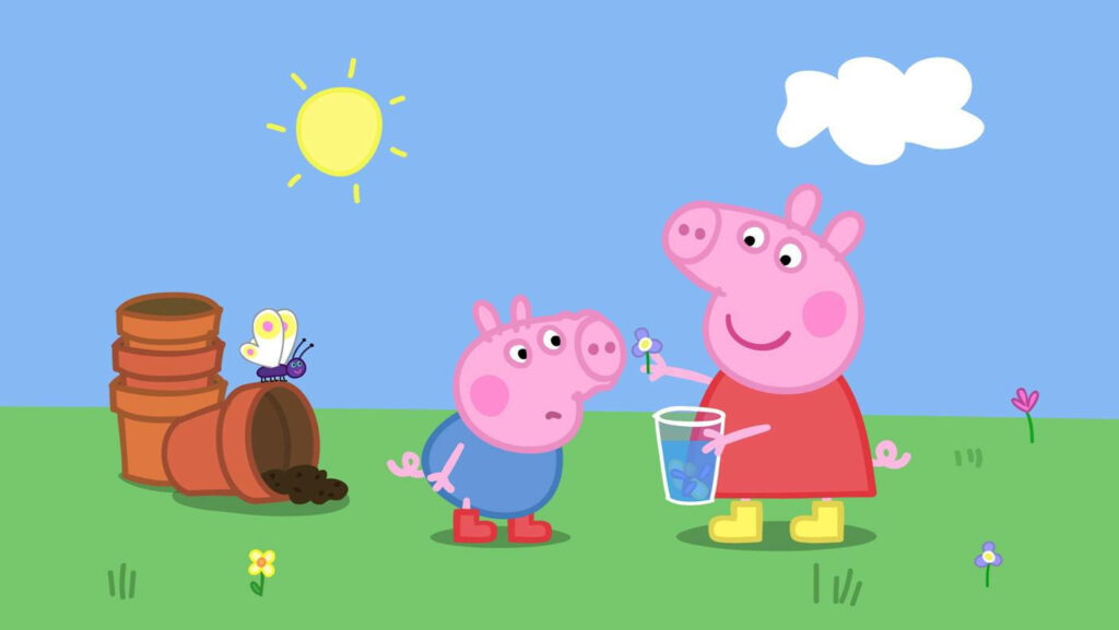 Peppa Pig Basks in the Garden Sun, Embracing Playful Fashion Amongst Lush Nature and Fluttering Butterflies Wallpaper