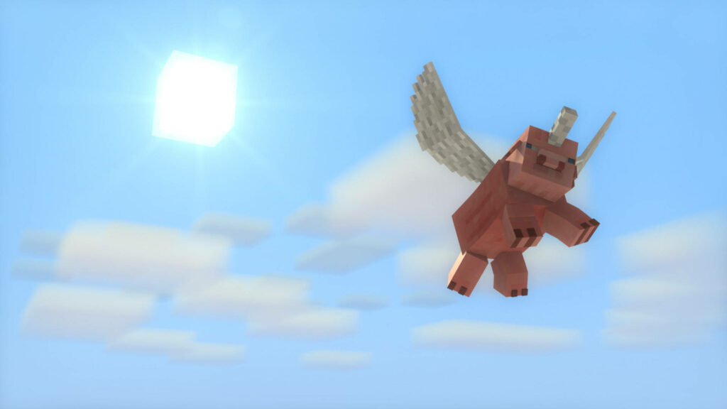 Pig With Wings: A Colorful Flight in the Minecraft Skies Wallpaper