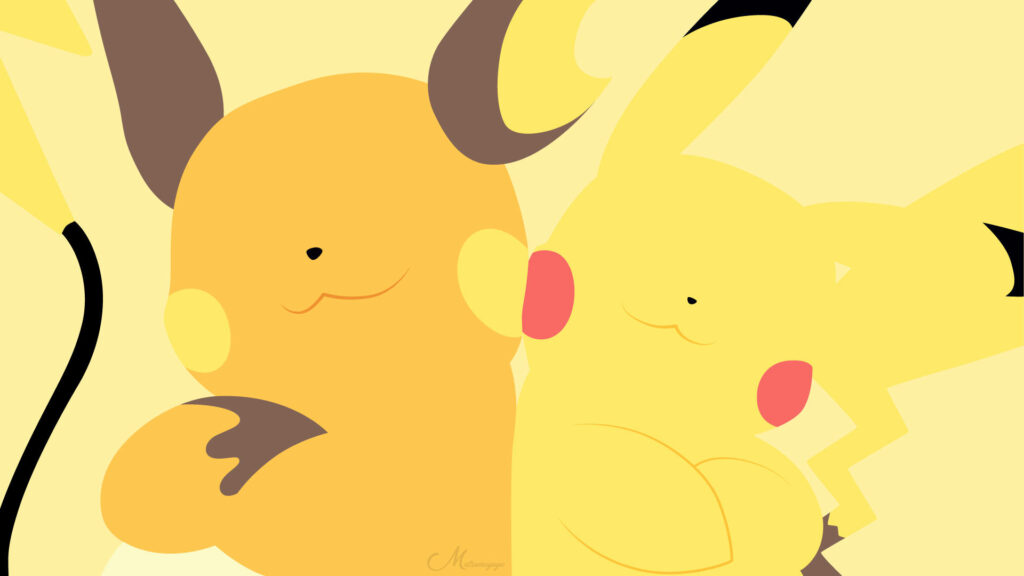 Pikachu and Raichu Strike a Pose: Minimalistic Charm on Sunlit Yellow Backdrop Wallpaper