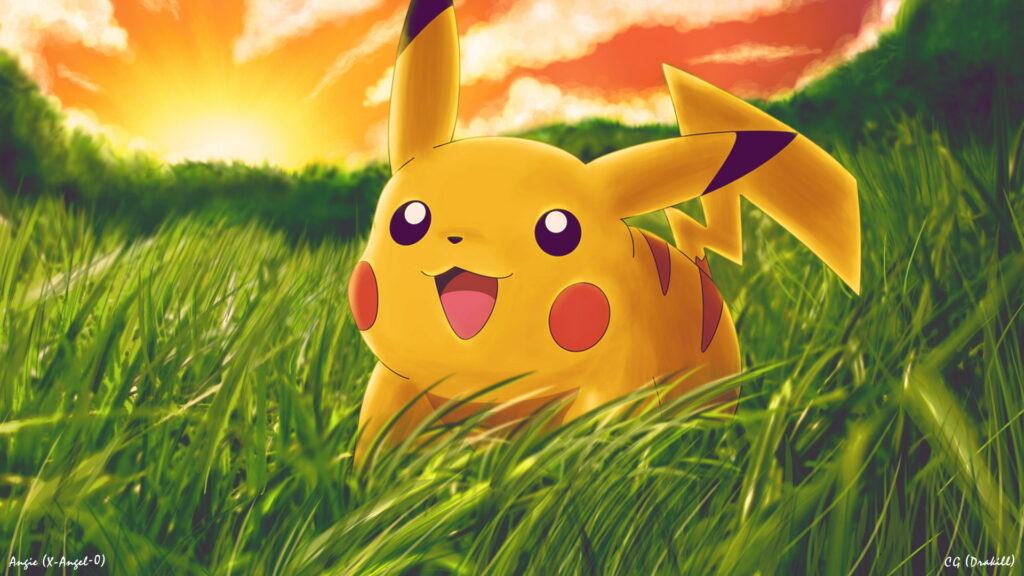 Pikachu smiling in a sunlit grassy field at sunset vibrant Pokémon wallpaper background