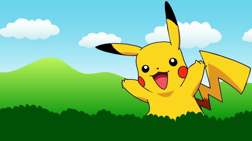 Cheerful Pikachu waving on vibrant green hills with bright blue sky 2D wallpaper background
