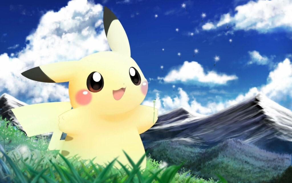 Pikachu's Serene Nature Retreat: A Delightful Pokémon's Adventure Amidst Mountains, Meadow, and an Invigorating Breeze Wallpaper