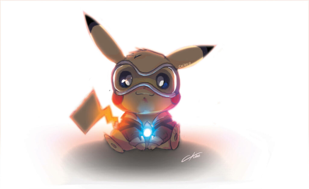 Pikachu's Stylish Goggle Ensemble with Illuminated Blue Core, Defying the Brightness in a Pure White Backdrop Wallpaper