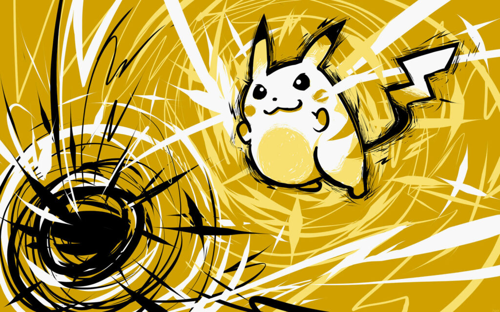Energizing Pikachu: Vibrant Lightning Streaks Illuminate a Mustard-hued Abstract Surrealism Wallpaper
