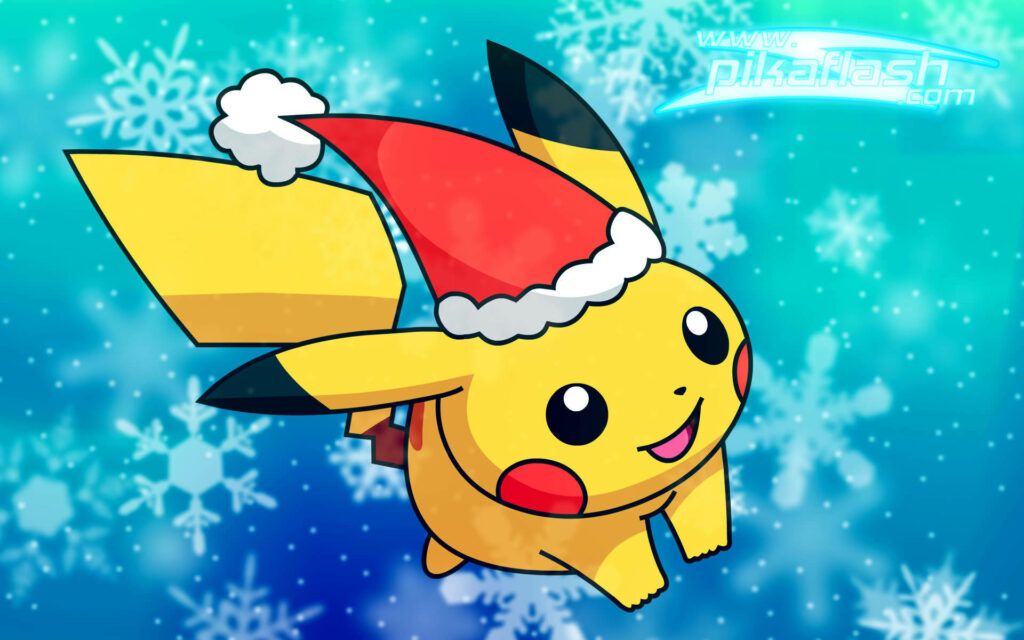Festive Pikachu: Adorable Santa Hat Pikachu surrounded by Snowflakes on a Colorful Winter Wonderland Wallpaper