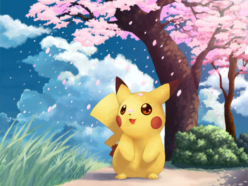 Pikachu Soaking in the Springtime Magic: Adorable Electric Pokémon Delighting in Cherry Blossoms on a Serene Cloudy Day Wallpaper