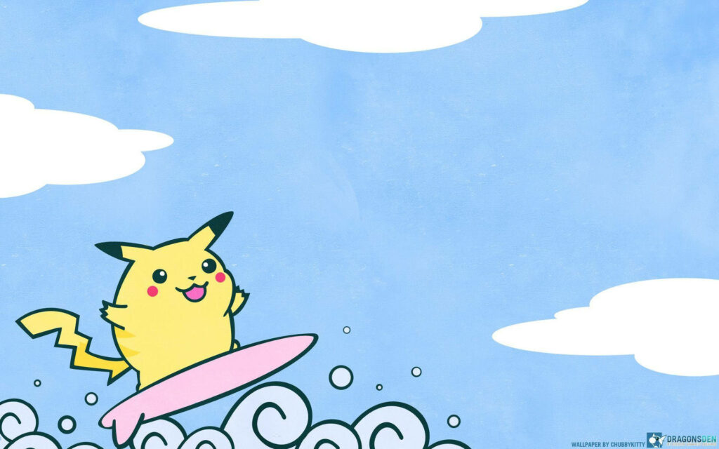 Pikachu: The Adorable Surfer Riding Pink Waves in Pokémon Paradise Wallpaper