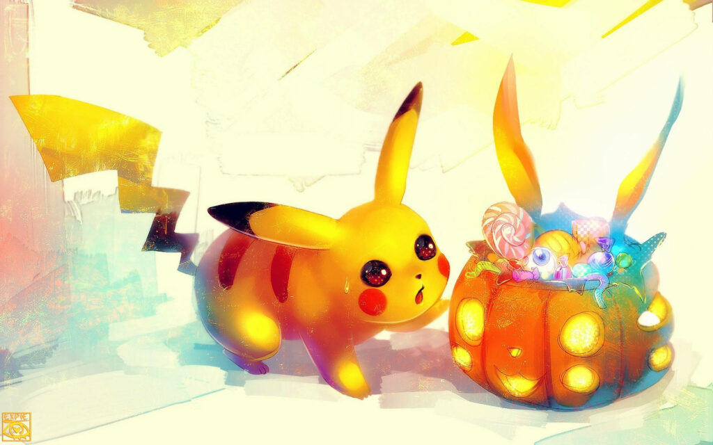 Pikachu's Halloween Delight: A Adorable HD Illustration Surrounding Pikachu with Treats in a Pumpkin-shaped Halloween Joy Wallpaper