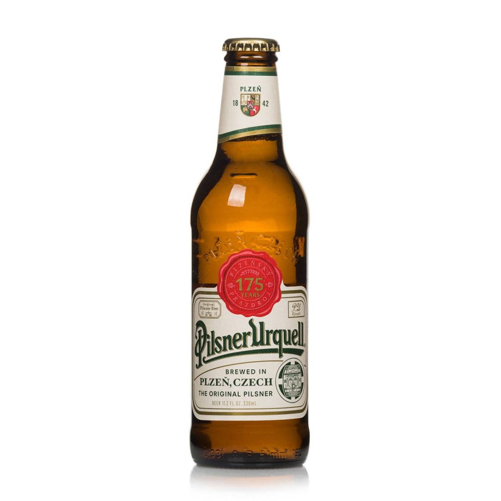 Pilsner Urquell beer bottle with 175-year label on white background premium wallpaper