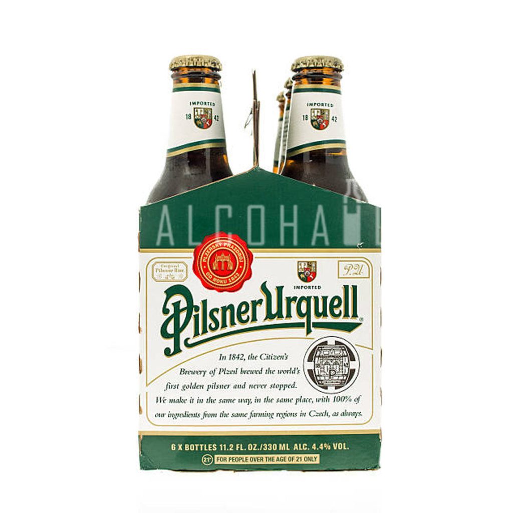 Pilsner Urquell six-pack sharp studio wallpaper with iconic green white Czech lager packaging